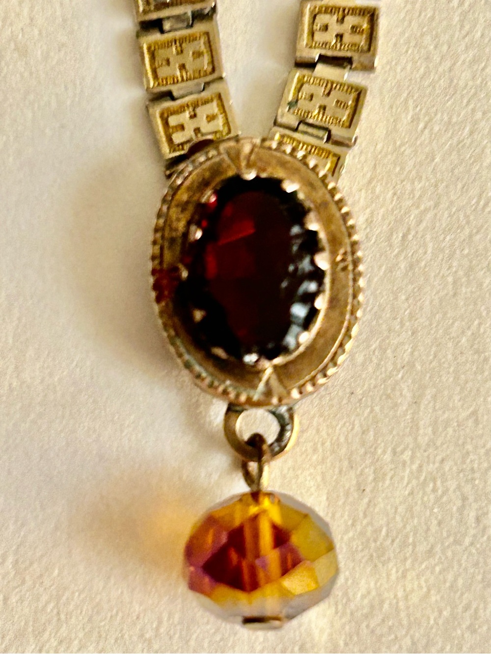 Antique Faceted Garnet ?Glass,flat etched brass chain necklace 16”,one of a kind